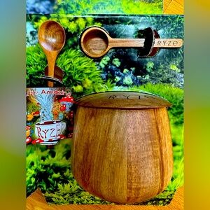 Ryze mushroom jar hand made from acacia wood , (2) spoons and a fun magnet.
